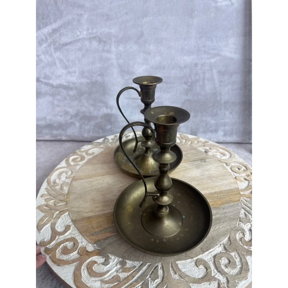 Vintage‎ Solid Brass Chamberstick Candle Holders Pair Finger Loop Handle 7 Inch